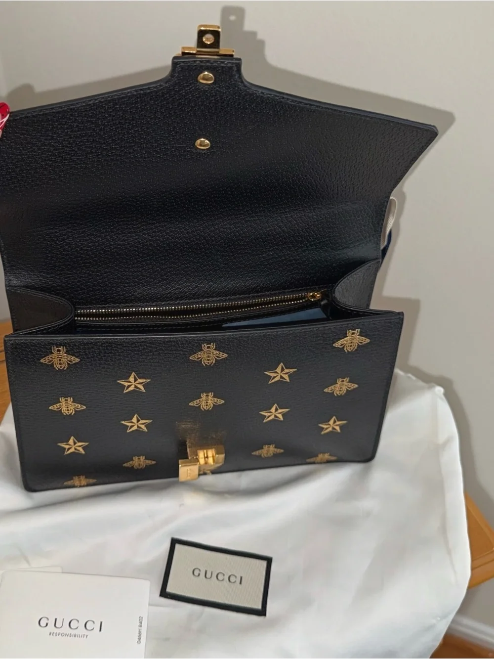 Gucci Black Leather Bee & Star Embellished Shoulder Bag with Red/Green Stripe
